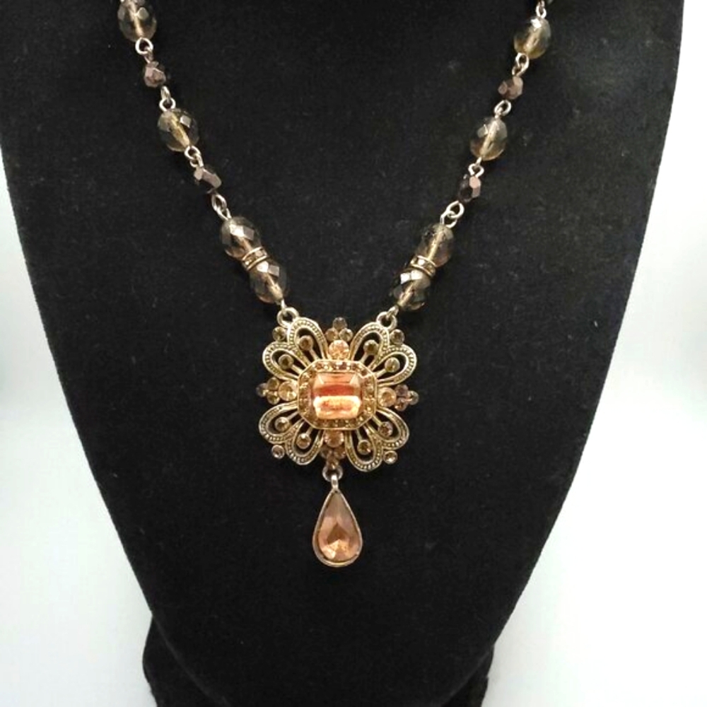 Vintage Avon Bronzetone Victorian Style Crystal Encrusted Drop Necklace, Good